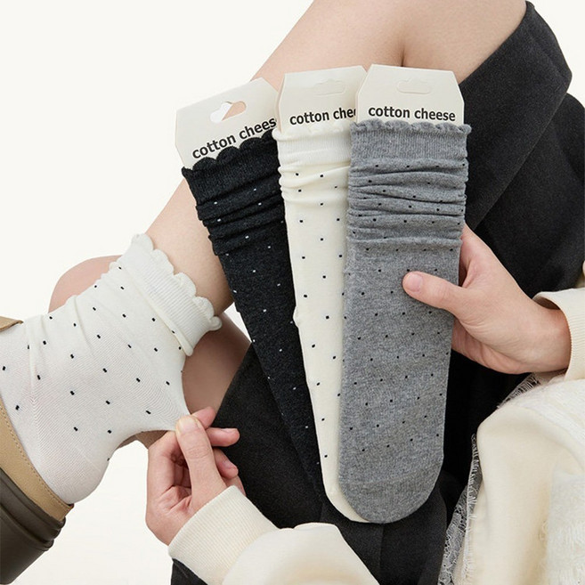 morim여성 도트 양말 중갑 길이 면 양말 봄여름용 일상 학생용 5쌍 세트