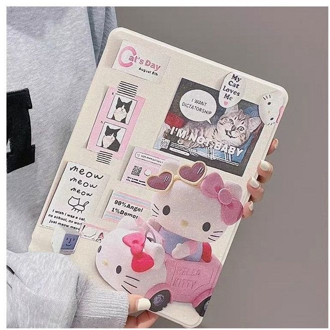 TYREUS 영문 라벨 포스트잇 키티 아이패드 케이스 2024 프로 회전 거치대 에어 호환 펜홀더 10.2인치 태블릿 케이스, 1개