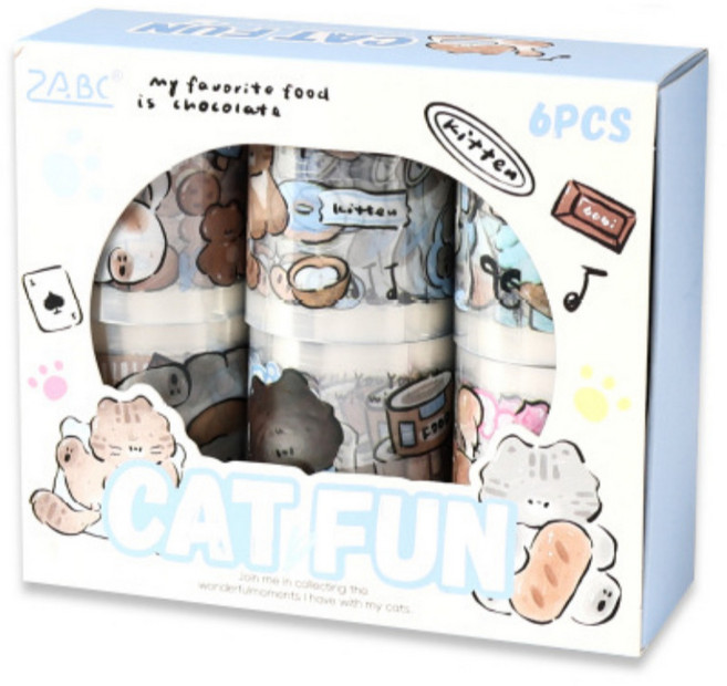 보스케 고양이 일러스트 마스킹 테이프 6종 세트 마테, 펀캣, 1박스, 혼합