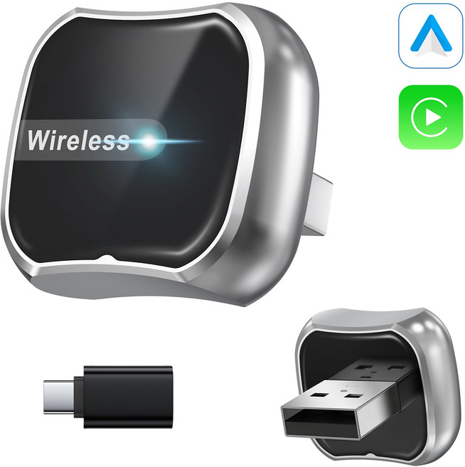 PIUJJA 스마트 미니 애플 무선 카플레이 2 in 1 안드로이드 오토 어댑터 차량용 네비게이 미러링 동글, 실버, M2