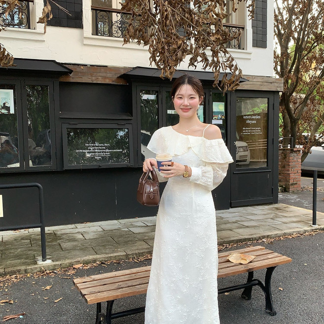 COSYEVNO 여성 원숄더 원피스 프릴 레이스 봄가을 롱 드레스 스커트