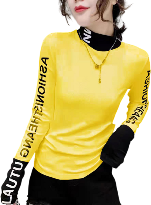 VIVAMOVE 여름 여성 골프 상의 패션 여성 골프 의류 사계절 터틀넥 골프 이너 타이포 프린트 여성 긴팔 상의 고탄력 통기성 날씬해 보이는 여성 스포츠 의류