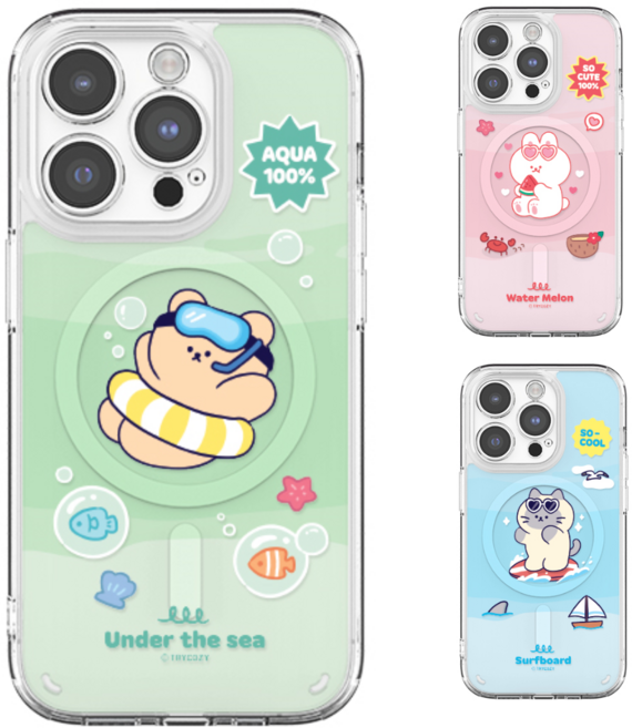 갤럭시S24(S921) 동물들 여름피서 서핑보드 투명 맥세이프 카메라 보호 변색없는 젤하드 케이스