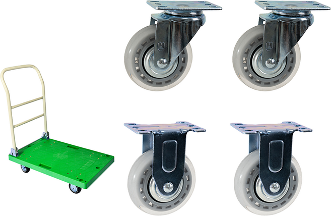 캐스터팩토리 국산 무소음 바퀴(4인치회전2개 고정2개 1세트) 저소음 끌차 대차 운반구 바퀴 우레탄 택배 상차차 고정 구루마 구르마 접이식 수레 밀차, 1개