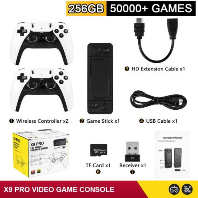 콘솔 게임기 128G X9 프로 TV 비디오 게임 레트로 스틱 에뮬레이터 PS1 PSP NDS N64 40000 패밀리 게임용 2.4G 듀얼 컨트롤 포함 45 신제품, 한개옵션1, 0 256G 50000 Games