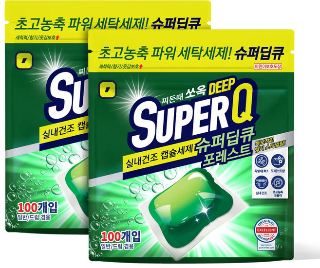 슈퍼딥큐 포레스트 100개입+100개입 캡슐세제 고농축 세탁 실내건조 드럼 일반겸용, 2개, 100개입