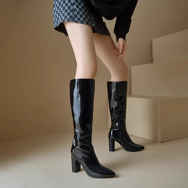 style dr 여성 베이직 부츠 가죽 굵은 굽 빅 사이즈 부츠 공연 무대 8cm 키높이 부츠