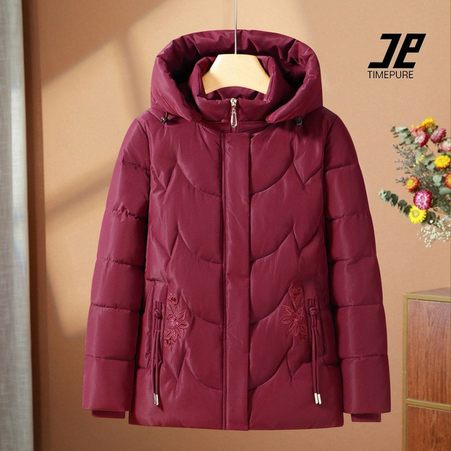 TIMEPURE 패딩 중년 여성용 겨울 꽃자수 누빔 외투 엄마용 보온성 강화 중장기 세련된 면옷 방한 라이트 패션 오버핏 겨울패딩 후드 레이어드 숏패딩 점퍼