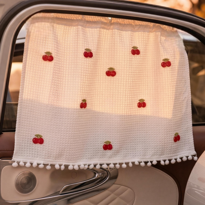 오브리버티 차량용 귀여운 감성 자수 커튼 예쁜 햇빛 가리개, 1개, 체리