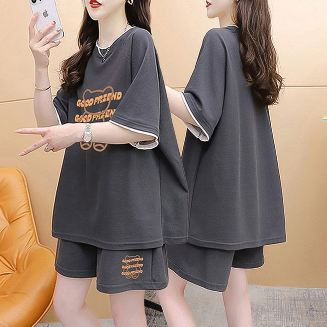 FINE ART 여성 캐릭터 반팔티 반바지 상하세트 여름 트레이닝복세트 오버핏 반팔 티셔츠 + 반바지 투피스