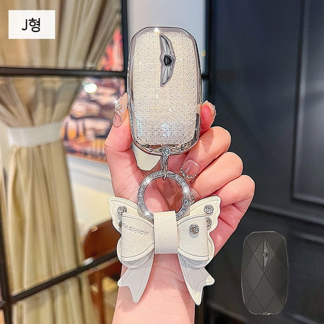 제네시스 차 키케이스 G80 G70 GV80 GV70 핑크 스마트 자동차 키홀더 커버, J타입-(제네시스-스마트키)-화이트-리본