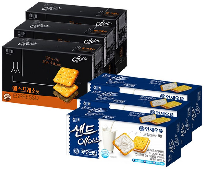 해태 에이스 씬 에스프레소 291g+샌드에이스 우유크림 204g 3개씩 (총 6개)