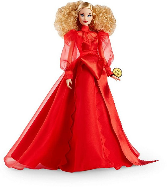 바비 수집용 마텔 75주년 기념 인형(30.5cm/12인치 금발 곱슬머리) 레드 시폰 드레스 인형 스탠드 및 서 포함, 상품1