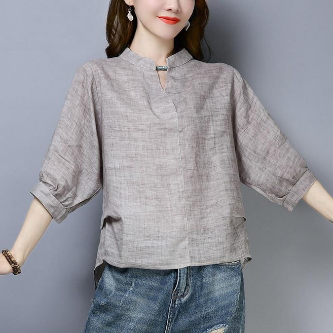 면 마 저고리 여성 반팔 여름 루즈핏 브이넥 저지 스타일리시하게 슬림 티 nvduanxiu