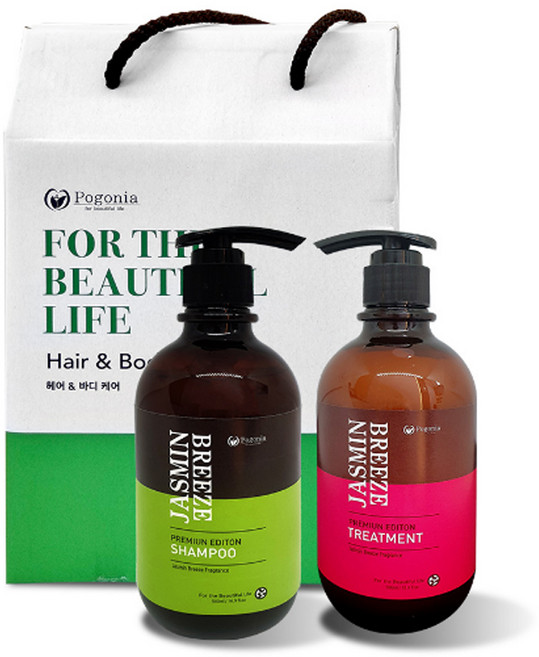 포고니아 모링가 자스민 브이즈 샴푸 500ml + 트리트먼트 500ml 헤어 2종 선물세트 + 쇼핑백, 1세트, 샴푸 + 트리트먼트