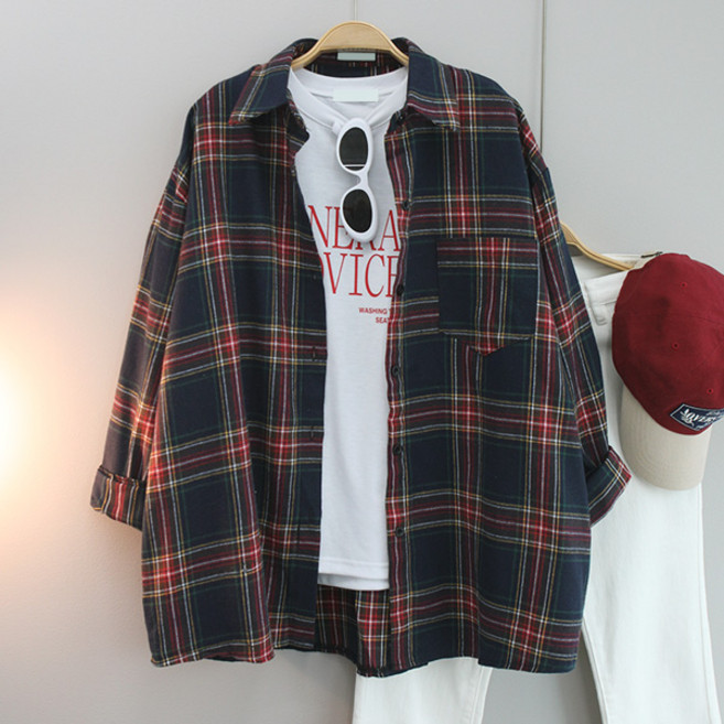 달콩 여성 빅사이즈 봄신상 카라셔츠 아잉체크오버핏롱셔츠