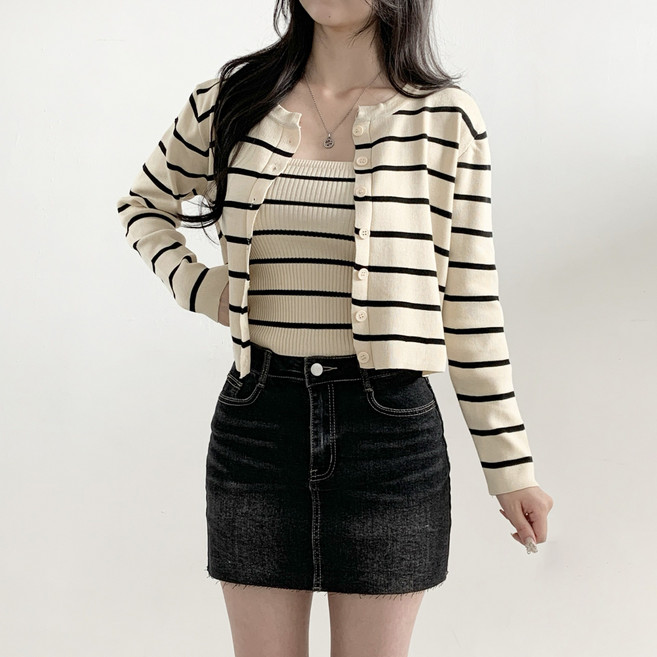 제이앤썸 크롭 끈나시 가디건 세트 스트라이프 단가라 슬림핏 나시 슬리브리스 카디건 아우터