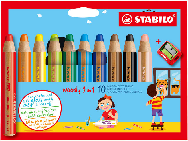 스타빌로 우디 3in1 10색세트/수채물감 색연필 왁스크레용