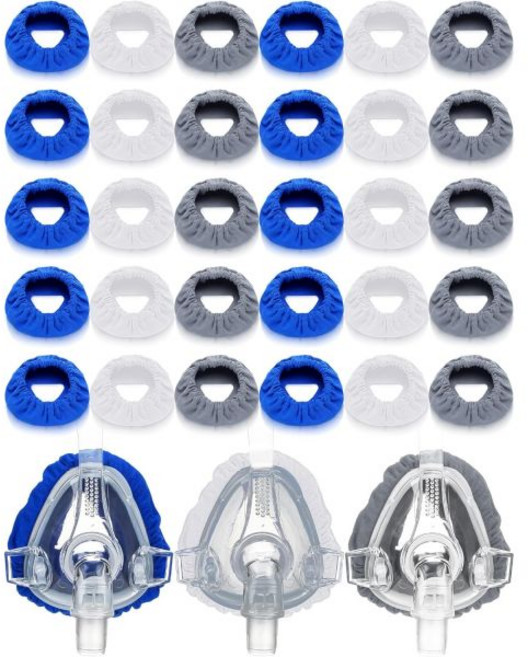 코골이 무호흡증 양압기 스트랩 Sosaton 30pcs 마스크 라이너 풀페이스 면 재사용 쿠션 커버 세척 가능 소프트 공기 누출 물집, Grey/ White/ Royal Blue