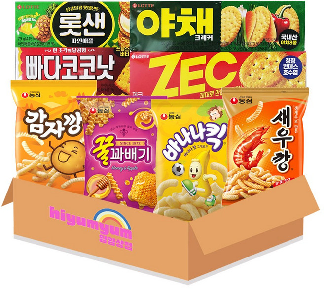 인기과자 8종 세트 (빠다코코낫+롯데샌드 파인애플 +야채크래커+제크+새우깡+꿀꽈배기+바나나킥+감자깡) 총 539g, 1세트, 롯데농심과자8종
