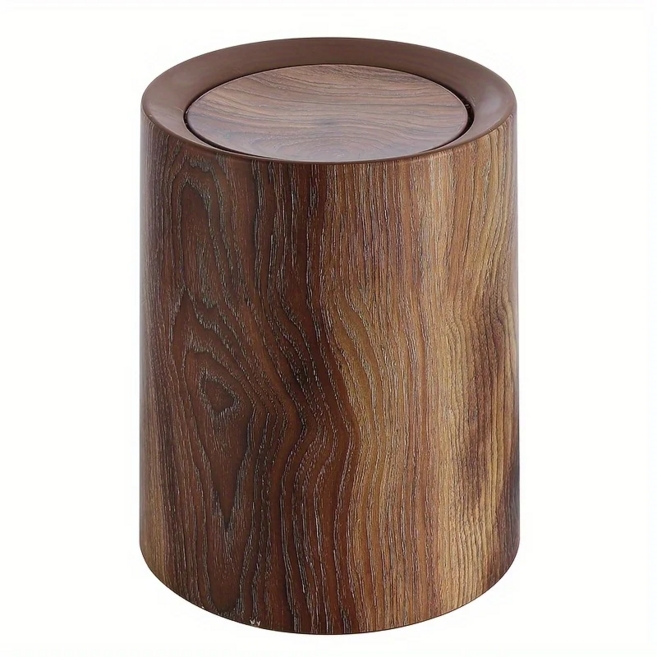 고급 우드톤 라운드 쓰레기통 뚜껑 포함 주방 사무실 거실 다용도 휴지통, 모조 나무 무늬 색
