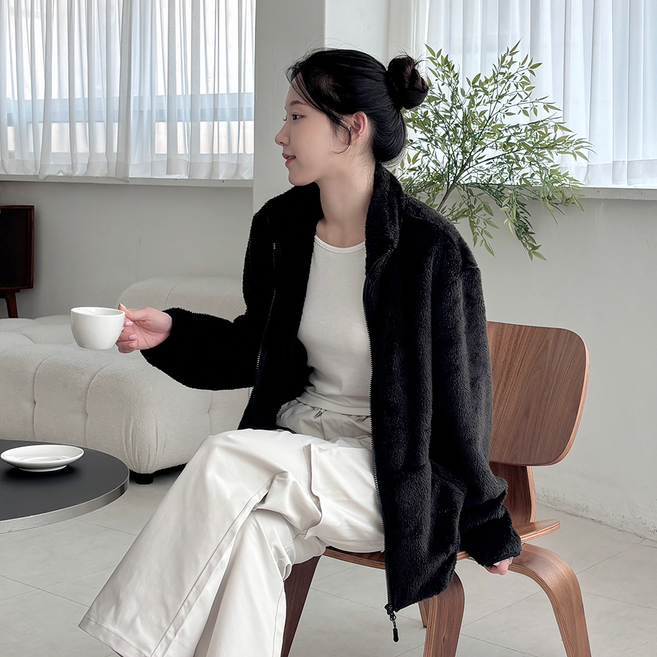 멋지군 오버핏 남녀공용 털 플리스 후리스 양털 자켓 하이넥 집업 간절기 겨울 데일리 아우터