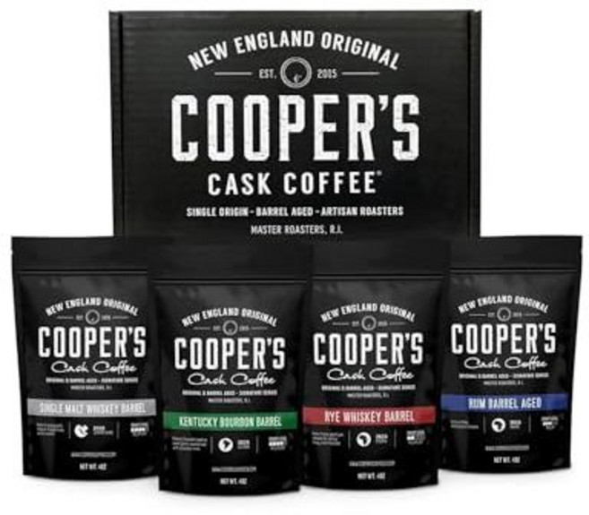 Cooper's Cask Coffee 원두 홀빈 버번 및 위스키 배럴 숙성 커피 선물 세트 4개 들이 로스팅 콜롬비아 몰트 수마트라 라이 에티오피아 럼 르완다 전부 4온스4팩, Ground_4 Ounce (Pack of 4), GroundCooper's Cask Coffee Co, 홀빈(분쇄안함), 1개