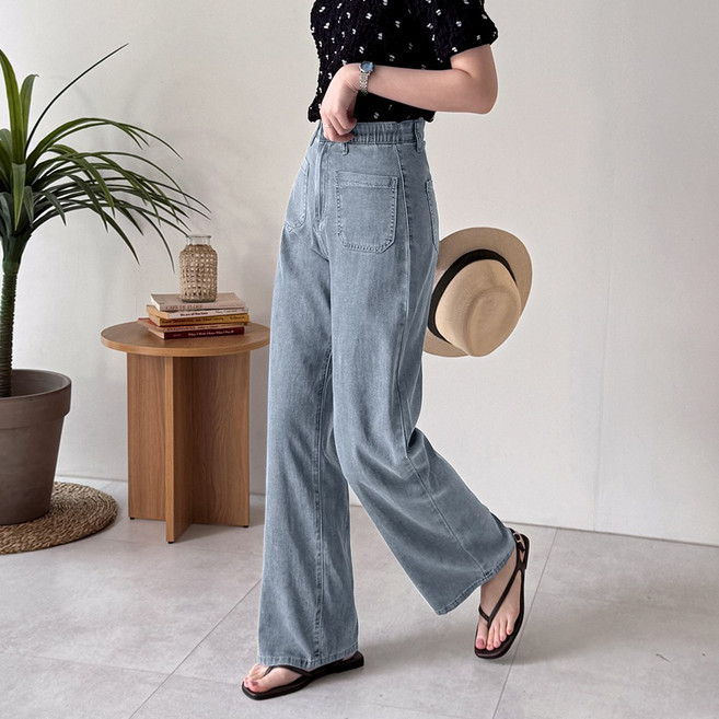 데일리앤 로잉 빅사이즈 여성 여름 청바지 쿨링 얇은 하이웨스트 앞포켓 세미 와이드 밴딩 데님팬츠