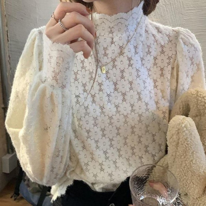 여성 얇은 터틀넥 블라우스 유니폼 티숙 남방 니트 롱 숙 프릴 연주복