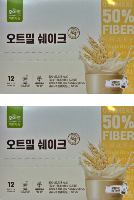 [오하루 자연가득 퀘이커] 오트밀 쉐이크 12입*1박스, 600g, 2개