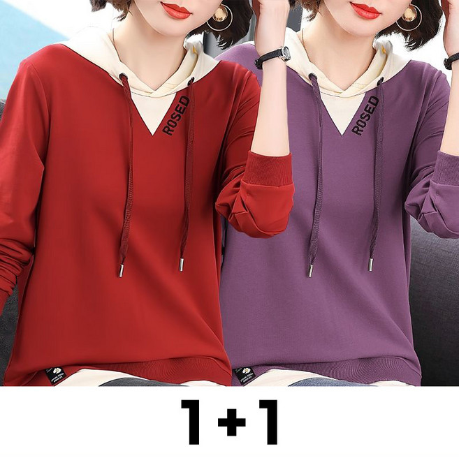 메인워크 1+1 중년여성 후드 맨투맨 티셔츠 빅사이즈 봄가을 시크 긴팔티 데일리룩 엄마룩 간절기 스판 오버핏 아우터 상의 2매입