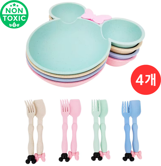 토리움 영양 팍팍 3구 식판 유아용 무독성 밀짚소재PP 식판+스푼포크 4개, 1세트, 식판 4개 + 포크 4개 + 스푼 4개, 아이보리 + 핑크 + 민트 + 스카이블루