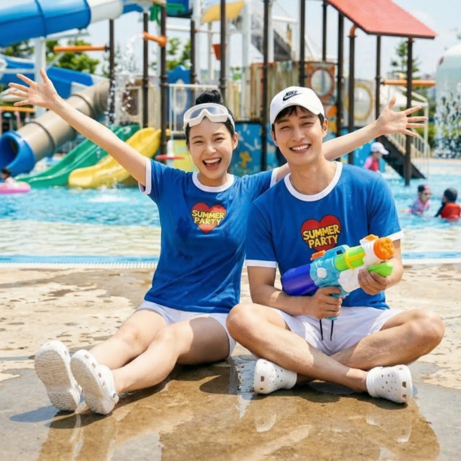 국산 면티 남녀공용 블루 링거티 하트 인쇄 반팔 티셔츠