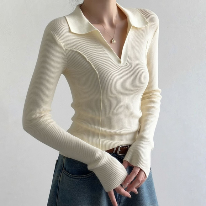 여성 니트 상의 긴팔 베이직 레트로 폴로 카라