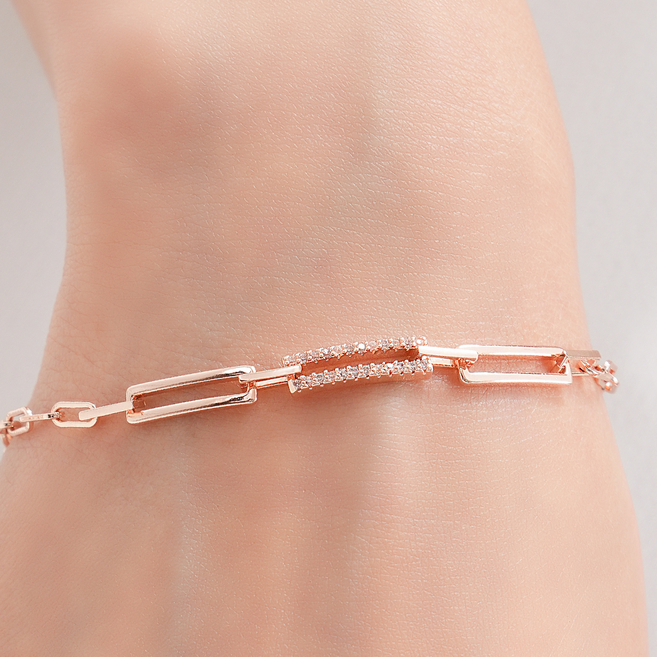 [벨라스톤] 백화점 판매 주얼리 심플체인 팔찌 큐빅 포인트 직사각 링크 여성 레이어드 데일리