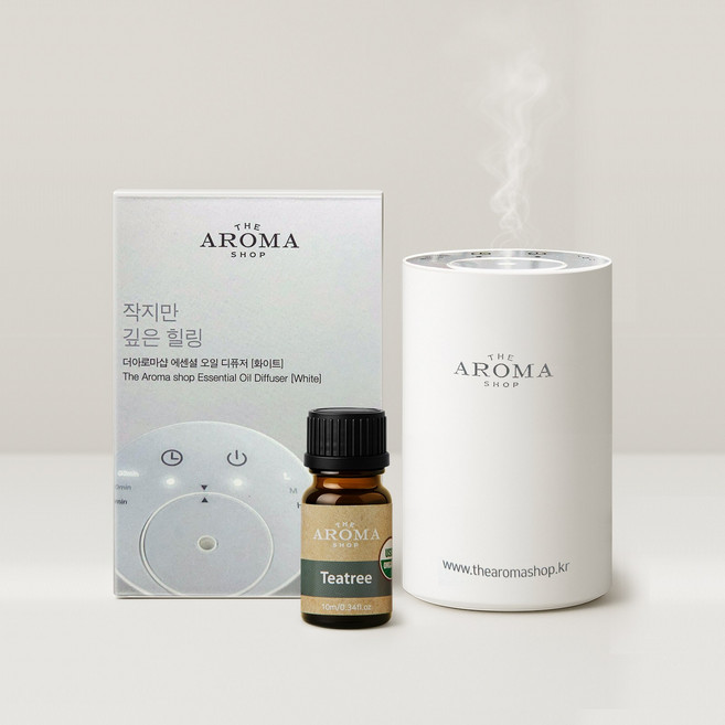 [전자 디퓨저+에센셜오일 1종] 네뷸라이징 실내 차량용 방향제 / C타입 USB 충전식 무선 아로마 디퓨저 세트 / 자동분사 더아로마샵, 1개, 10ml, 전자디퓨저(화이트)+오가닉 티트리 10ml