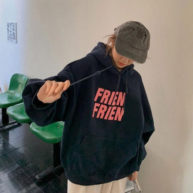 여성 겨울티셔츠 드롭숄더 기모 후드 F레터링 티셔츠