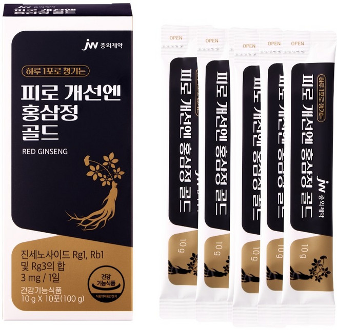 JW중외제약 피로 개선엔 홍삼정 골드 6년근 홍삼 스틱 피로 개선 면역력 증진 항산화 현대인 혈액 흐름 개선 기억력 개선 휴대 사무실 비품 탕비실, 30개, 10g