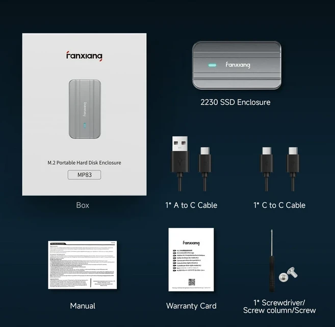 판샹 MP83 M.2 SSD 인클로저 10Gbps NVMe 사이즈 USB Gen2 타입 C 케이스 2230 디스크 박스 휴대폰/PC/노, 01 No SSD