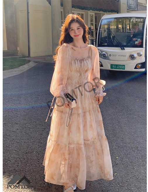 POMTOR 여성 바캉스 플라워 원피스 셔링 원피스 스퀘어넥원피스