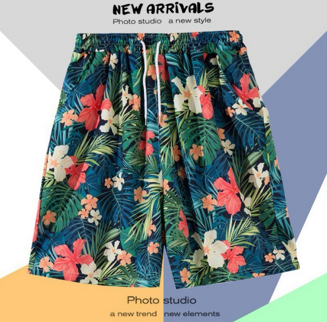 夏季速乾海灘褲 花卉印花沙灘褲 五分短褲