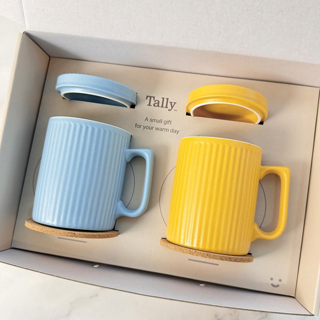 국산 레트로 머그컵 2종 세트 집들이선물, 1개, 블루 옐로우 세트(컵받침 포함)
