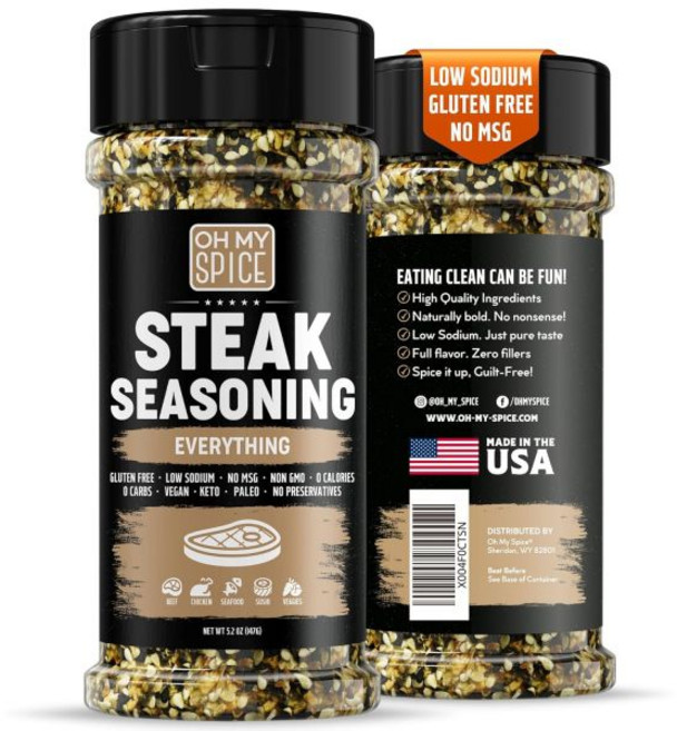 Oh My Spice 바베큐 시즈닝 가루 스테이크 마늘 믹스 글루텐 프리 및 저나트륨 육류 양념 소 토마호크 바비큐 리바이용. 그릴용 시즈닝. 마늘과 향신료. 스테이크용 소금., 모든 것, 5.2 온스 (1팩), 1개, 147g