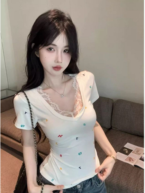 COSYEVNO 여성 여름 반팔 브이넥 레이스 이너 탑 슬림핏 티셔츠 BCXdxt-7
