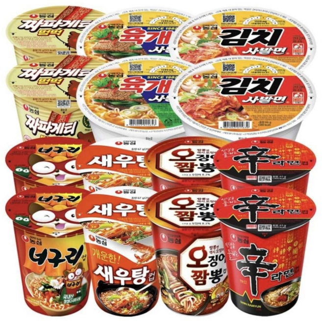 [맛슐랭] 소컵 신라면2+너구리2+새우탕2+오징어짬뽕2+육개장사발면2+김치사발면2+짜장범벅2 사무실 간식 비품 스낵 탕비실 아이들 도시락 컵라면, 1박스