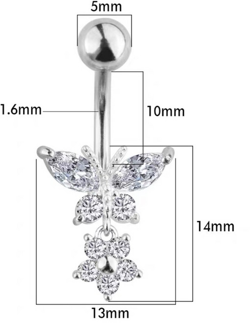 蝴蝶花朵長墜肚臍環 醫用鋼材質, 現貨-金色,10mm, 1個