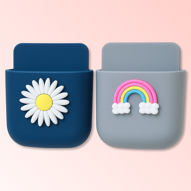 러블리 디자인 + 사은품 제공 집안굿 월포켓 리모컨거치대 스마트폰 벽걸이 부착형, 블루+그레이, 2개