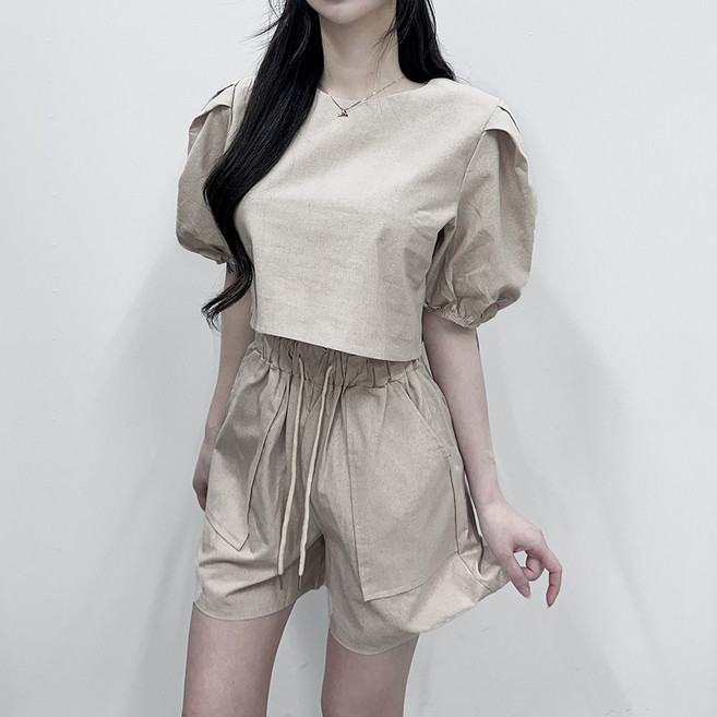 VANANA2 여성용 상하의세트 시원한 린넨 투피스 셋업 벌룬 퍼프소매 반팔 반바지 캐주얼 세트