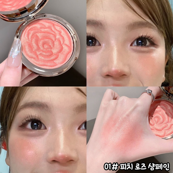 차차앤코 블루밍 로즈 펄 블러셔 물광 하이라이터 치크 생기톤업 광채 쉬머 블러셔, 1개, 01호 피치 로즈 샴페인