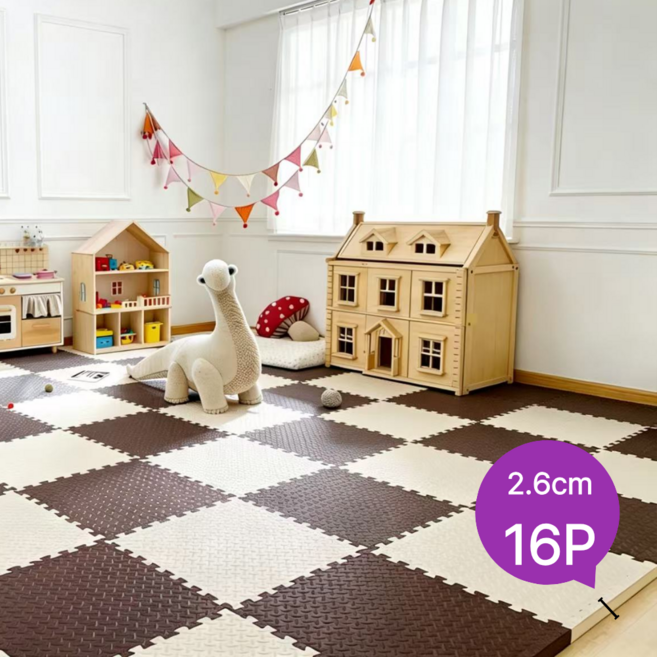 홈잼 두꺼운 층간소음 매트 대형 퍼즐매트 베란다 바닥매트, 아이보리+브라운, 16개